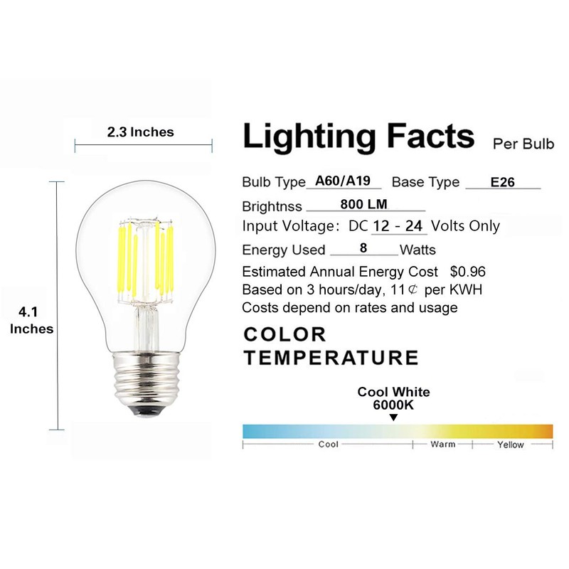 OPALRAY 12V-24V DC Low Voltage Input LED Bulb, Classic A19(A60)