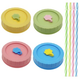Set of 4 Mason Jar Lids with Hole, Preserving Jar Lid, Reusable Screw Lid, for Mason Jars, Jam Jars, 4 Colours, with 4 Straws