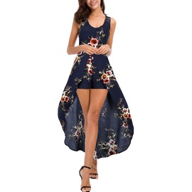 Kormei Womens Sleeveless Scoop Neck Floral Rayon Party Split Maxi Romper Dress L Blue&Flower#2
