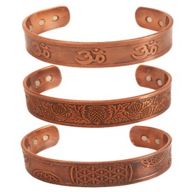 Touchstone Handcrafted by Indian Skilled Artisans Durable High Gauge Pure Copper Peace Healing Celtic Etching Om Inscribed Chakra Mediation Magnetic 3 Bracelets in Natural Tone.