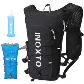 INOXTO Running Hydration Vest Backpack,Lightweight Pack with 1.5L Water Bladder and 250ml Soft Flask Daypack for Hiking Trail Running Cycling Race Marathon for Women Men (Black White, Standaed)