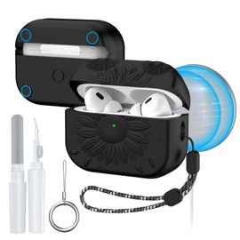 TUDIOW for AirPods Pro 2nd/1st Generation Case, Magnetic Lid Compatible with MagSafe, Flower Engraved Airpods Pro 2&1 Gen Soft Silicone Protective Cover with Cleaner Kit&Keychain&Lanyard (Black)