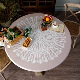 Artbloss Round Fitted Tablecloth with Elastic Mock Crocheted Waterproof Oli Proof Printed Table Cover Wipeable Vinyl Table Protector for Home Picnic Outdoor (White Lace, 46"-55" Round Tight Fit)