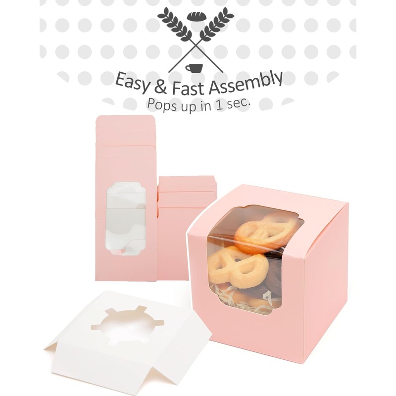 Gcardist Pink Cupcake Boxes Individual Cupcake Container 15Pcs 8.9x8.9x8.9cm Auto-Pop