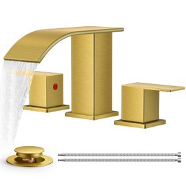 FORIOUS Brushed Gold Bathroom Faucets 3 Hole, Waterfall Square 8 Inch Widespread Bathroom Sink Faucet with Metal Pop-up Drain and Supply Lines, Two Handles for Vanity, RV, Farmhouse Remodel