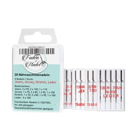 20 Nähmaschinennadeln: Jeans, Jersey, Stretch und Leder; je 5 Stück/Sorte in Verschiedenen Größen; System: Flachkolben (130R/705H)