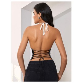 MakeMeChic Women's Y2k Jersey Shirts Letter Print Top Halter Top Draped Tie Backless Lace Up Tank Crop Tops White X-Small