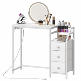 YATINEY Small Vanity Desk Without Mirror, Makeup Vanity Table with Power Outlet, White Vanity with Fabric Drawers, Dressing Table, for Small Spaces, Bedroom, White