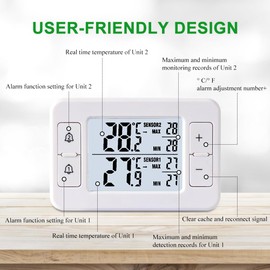 Fridge Thermometer, Freezer Thermometer with 2 Wireless Sensors, Thermometer Indoor Outdoor, Temperature Alarm, Min/Max, Temperature Trend Display, Arrow