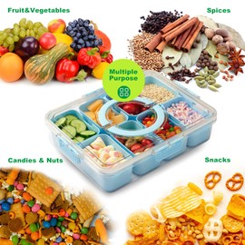 Snackle Box Container,Divided Serving Tray with Lid and Handle,Portable Snack Box Charcuterie Platter,8 Compartments Food Snack Container,Food Storage Organizer for Snacks Fruits Veggies Nut (blue)