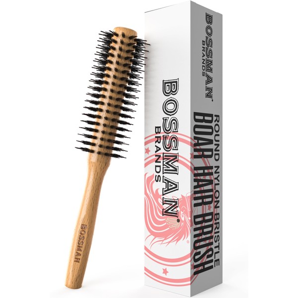 Bossman Boar & Nylon Bristle Hair Brush - 2 inch Round Brush - Blow Dryer Brush for Styling, Curling - Detangling and Straightening Hair Dryer Brush