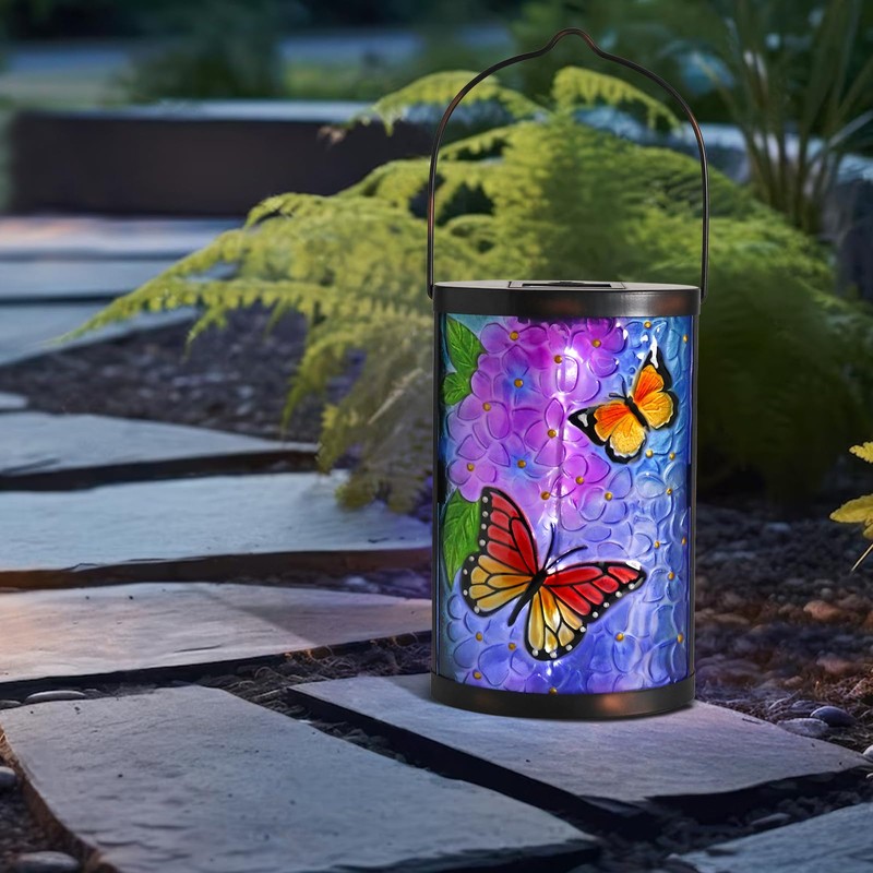 Afirst Solar Lantern Outdoor Hanging Glass Butterfly Solar Lights Waterproof