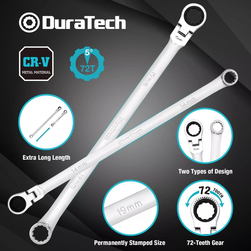 DURATECH 27PCS Extra Long Flex Head Ratcheting Wrench Set Double