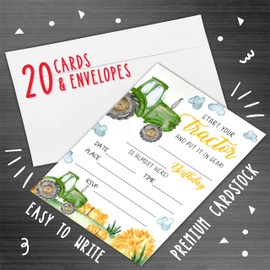 Start Your Tractor Birthday Party Invitation，Farmyard Green Tractor Party Invitations For Kids, Teen, Boys & Girls，20 Double-Sided Fill In Style Invites With Envelopes-Party Favors Decoration And
