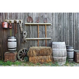 Yeele 10x8ft Western Old Barn Backdrop Barrel Hay Bale Background for Photography Countryside Farmhouse Fork Pitchfork Wagon Wheel Rustic Style Photo Booth Video Shoot Vinyl Studio Props