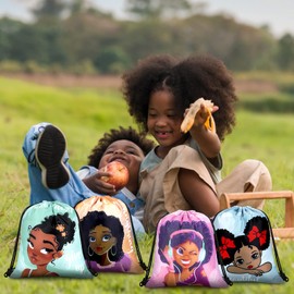 18 Pieces Black Girl Kids Party Favor Drawstring Bags African American Drawstring Backpack Gift Bags Party Supplies for Kids(Classic Style)