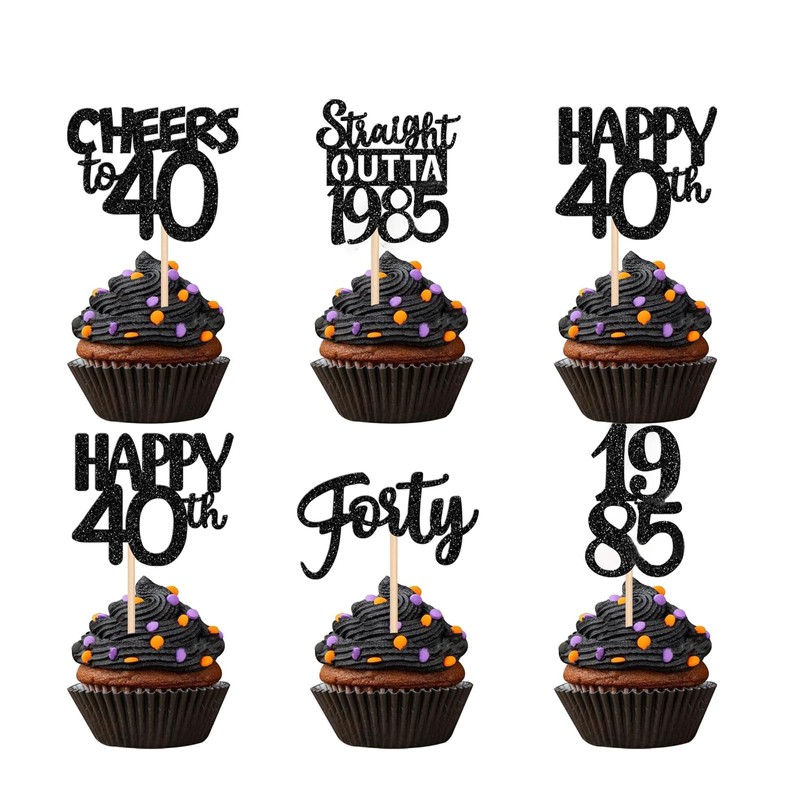 40th Birthday Cupcake Toppers, Black Glitter Forty Happy 40th Straight