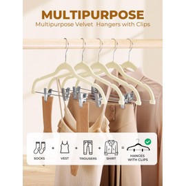 HOUSE DAY Velvet Skirt Hangers 12 Pack, Beige Velvet Hangers with Adjustable Clips, Space Saving Slim Velvet Pant Hangers, Heavy Duty Shorts Hangers, Non Slip Clip Hangers for Pants, Skirts, Shorts