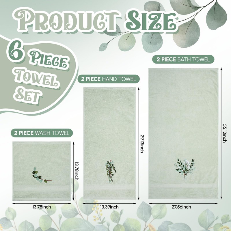 Peryiter 6 Pack Eucalyptus Leaves Bath Towels Set, Sage Green