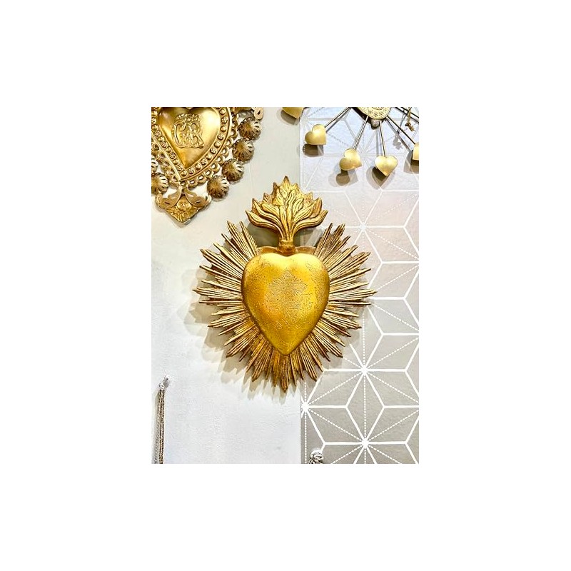 Ex-voto Golden Heart with Flame and Engravings Dimensions 23 x