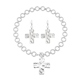 YueYueLoove Chunky Silver Cross Necklace Earrings Set for Women Cross Pendant Statement Hammered Bold Cross Necklace Earrings Set Vintage Toggle Clasp Jewelry (Silver)