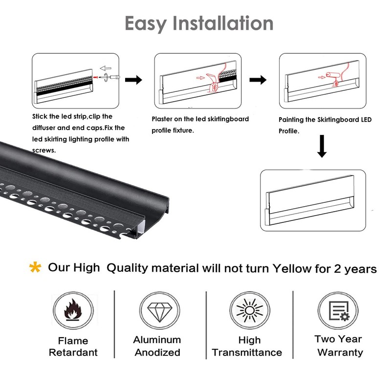 Besseto Black Baseboard LED Aluminum Channel,3 x 2m Toe Kick
