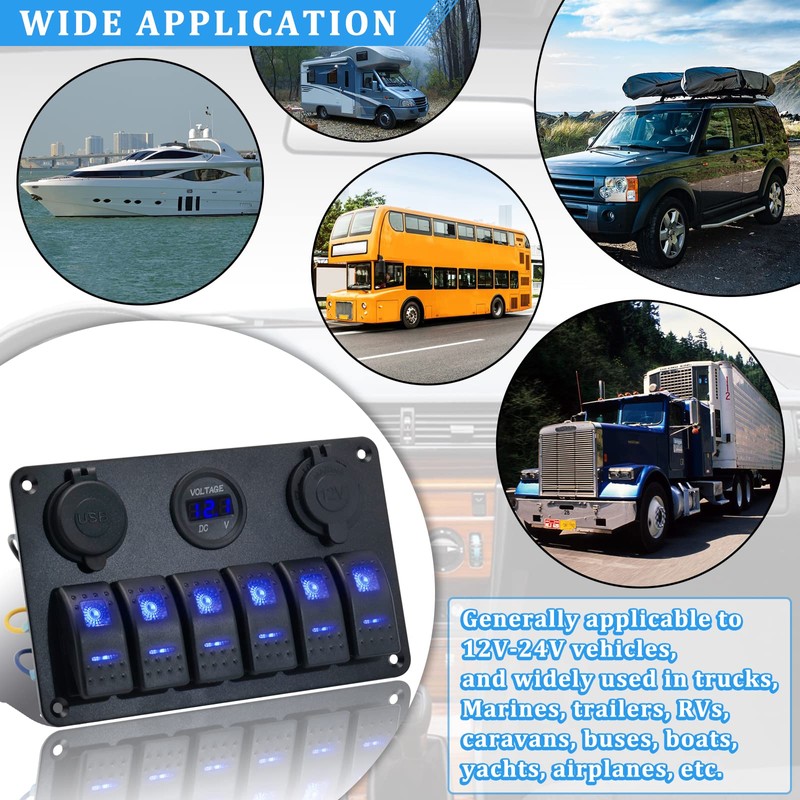 6 Gang Rocker Switch Panel, EilxMag Blue Marine Switch Panel