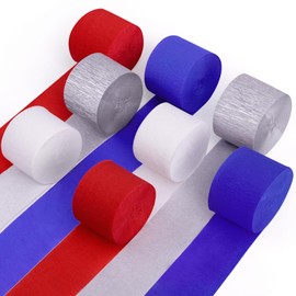 Streamers Party Decorations, 8 Rolls Red White Blue and Silver Crepe Paper Streamers for 4th of July Decorations, Patriotic Decorations, Memorial Day Decorations, Birthday Party Decor