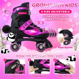 Nattork Roller Skates for Kids, 4 Size Adjustable Panda Quad Skates with All Light Up Wheels,Panda Roller Skates for Kids Children - Best Birthday Gift for Outdoor Sports
