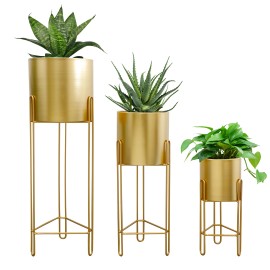 Set of 3 Metal Flowerpot Golden Flower Pot Indoor Balcony Plant Flower Pot Floor Flower Stands Planter for Home Decorcolor: Gold, Size: 15.5*30/20*45/24*73 cm