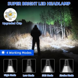 Rechargeable Headlamp 4Pack, Bright Head Lamp, 90°Angle Head Lights for Forehead, Adjustable Focus Headlight, 4Mode LED Headlamp Rechargeable, Headlamps for Adults Hard Hat Camping Hiking