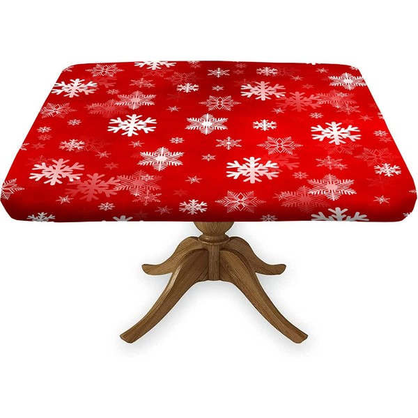 Merry Fitted Christmas Tablecloth Square, White Snowflake Red Xmas Elastic