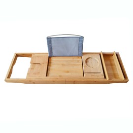 Homemaid Living Luxury Bamboo Bathtub Tray - Expandable Bathroom Tray with Reading Rack or Tablet Holder, Premium Bath Tray Includes a Wine Glass Holder, Cloth Book/Pad/Tablet Stand