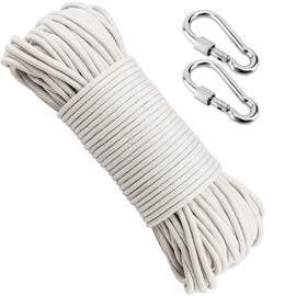 MANCHAP 50M 6mm White Cotton Clothesline Rope, 164 Ft x 1/4 Inch Soft Clothesline Cord with 2 Snap Hooks, Twisted Cotton Macrame Rope for Crafts, Clothes Hanging