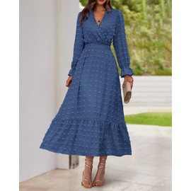 BTFBM Women Fall Maxi Dresses 2025 Long Sleeve V Neck Swiss Dots High Waisted A-Line Ruffle Boho Long Dress Vacation(Blue,Medium)