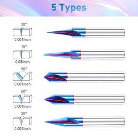 CNC Wood Carving Router Bit - 1/4 Shank, 15/20/30/60/90 Engraving Bits Set