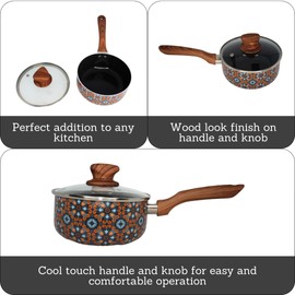 IMUSA 1.5 Quarts Talavera Nonstick Saucepan with Lid, Wood Look and Soft Touch Handle, Ceramic Coated