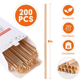 [200 Pcs] Biodegradable Compostable Disposable Sugarcane Straws - 8.25 Inch Plastic Free Drinking Straws for Juice Coffee Cocktail Tea