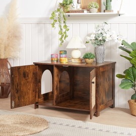 SPOFLYINN Cat Litter Box Enclosure, Cat House with Scratching Post Removable Divider, Indoor Cat Litter Box Furniture End Table Cabinet, Wooden Cat Washroom Rustic Brown As Shown