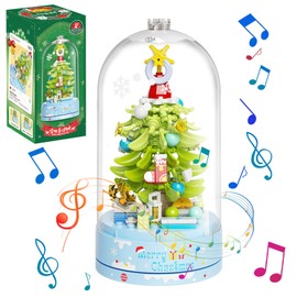 MEIEST Christmas Tree Building Blocks Music Box Set with Dust-Proof Dome,Xmas Holiday Construction Toy Gift,Home Decor (Snow Christmas Tree)