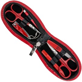 DREI SCHWERTER - Germany Piemont 6-Piece Manicure Set in Imitation Leather Red | Contents: Nail/Cuticle Scissors, Nail Clippers, Tweezers, Nail Double Instrument, Sapphire Nail File (Coarse/Fine)