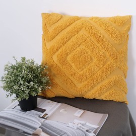Mustard Cushion Covers Boho Yellow Ochre Diamond Geo 45x45Cm 18x18IN Geometric Textured Tufted Throw Pillow Cover Sofa Chair Cute Embroidered Decorative Set of 2