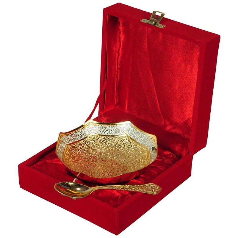 Handcrafted German Silver Gold Plated Bowl with Spoon Flower Embossed