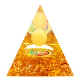 Gold Stone Orgonite Pyramid Figurine, Natural Stone, Power Stone, Purification, Aragonite, Round Ball Included, Citrine