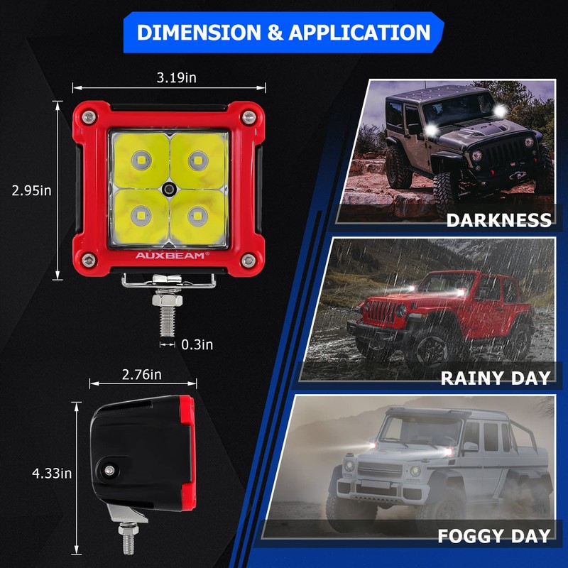 Auxbeam Red Shell LED Pod Lights, 3 Inch 40W Spot
