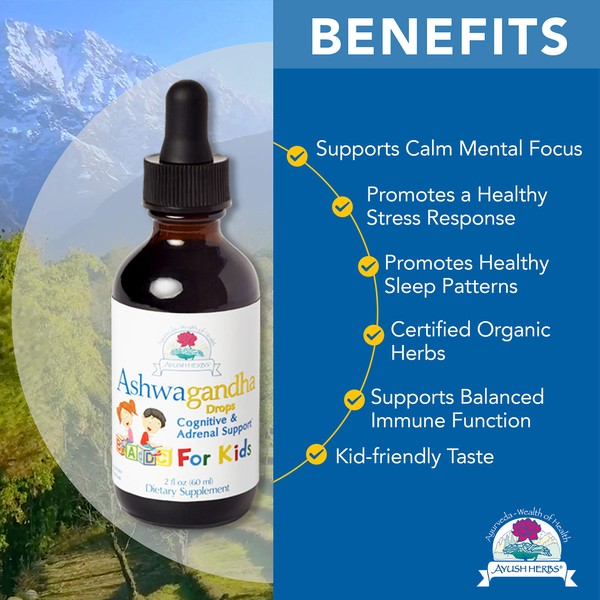Ayush Herbs Ashwagandha Drops for Kids, Natural Ayurvedic Herbal Supplement, 2 Ounces
