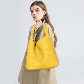 Women Vegan Leather Hand-Woven Tote Handbag Fashion Shoulder Top-handle Bag All-Match Underarm Bag with Purse (Yellow)