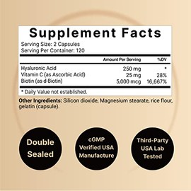 NatureBell Paquete de 2 Suplementos de Ácido Hialurónico a Base de Plantas de 250mg con 25mg de Vitamina C y Biotina de 5000mcg, 480 Cápsulas Totales 