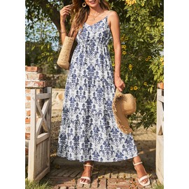 Dokotoo Summer Dress Casual Womens Fashion Boho Sleeveless Printed Long Maxi Dress Vacation Outfits for Women Summer Dresses for Women 2025 Plus Size Dresses Blue X Large