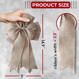 1 Pcs Large Burlap Bow 14.9 x 9 inches, Farmhouse Burlap Fabric Bow for Wreath, Rustic Decorations for Home